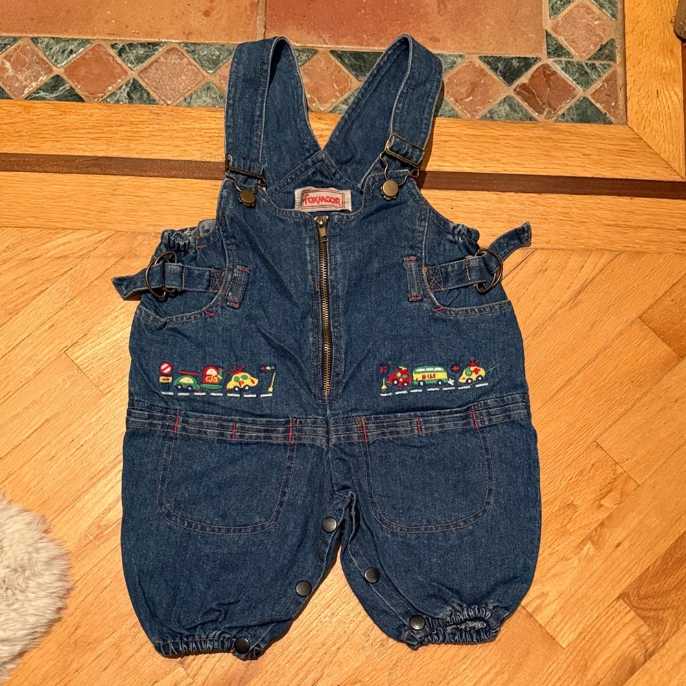 Vintage Foxmoor short Denim Kids Overalls - Blue with Embroidered Cars